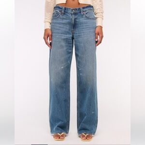 A&F Curve Love Low Rise Ultra Loose Jean in Medium Wash Paint Splatter